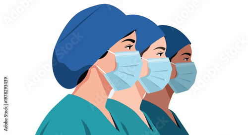 Medical professionals wearing protective masks and scrubs in a vector graphic illustration