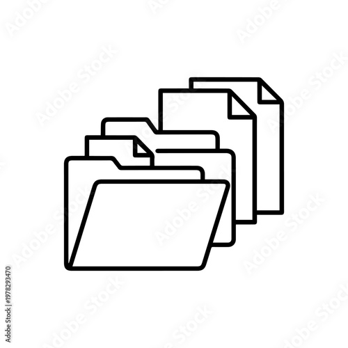 Black outline icon of stacked file folders and paper documents with a dogeared page.