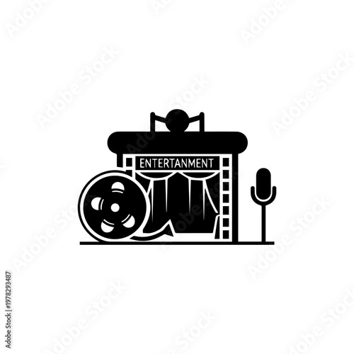 Black silhouette icon of entertainment with a theater stage film reel and microphone.
