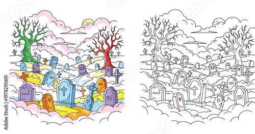 Spooky Graveyard and Cemetery Landscape with Tombstones and Dead Trees, Coloring Book Page and Colorful Illustration Set for Halloween, Hand Drawn Doodle Style Vector Art
