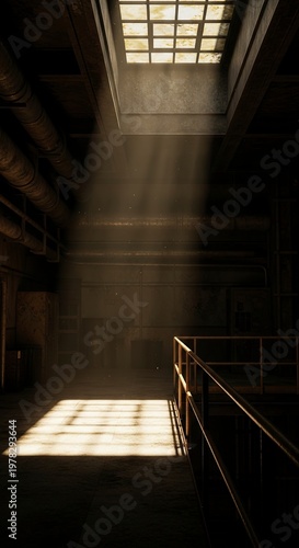 Dramatic Light Beam Illuminates Industrial Interior Space.