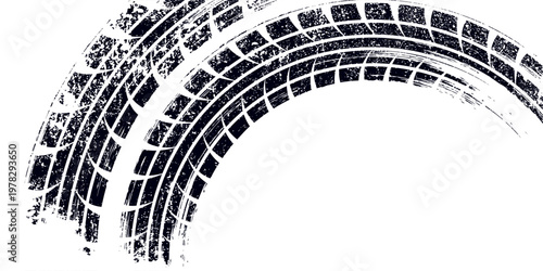 Tire track. Car, bike, motorcycle tyre mark with grunge effect isolated on white background. Wheel footprint on the road. Top view of rubber protector mark