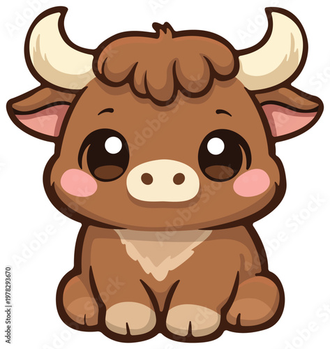 Whimsical Yak Illustration: A charming, cartoon-style yak sits contentedly, exuding an aura of innocence and sweetness, evoking warmth and joy.