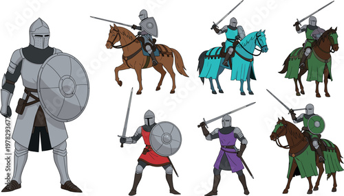Medieval knight vector set featuring armored warriors with swords, shields and mounted cavalry isolated historical battle illustration collection