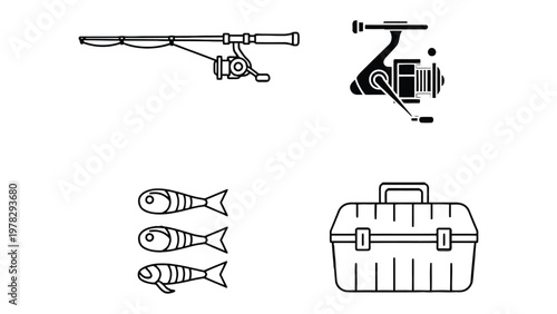 Fishing Gear: Illustrative assembly of fishing gear, a rod, a reel, some bait, and a tackle box. This graphic perfectly depicts the tools used for angling.