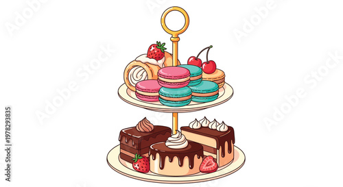 Colorful dessert stand with macarons, cakes, and fresh berries on two plates