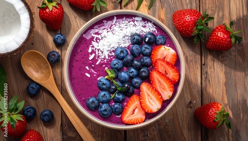 flat lay of a vibrant acai bowl with fresh strawberries, blueberries, 