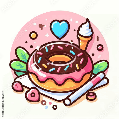 Cute cartoon donut with pink wavy icing chocolate glaze and colorful sprinkles.