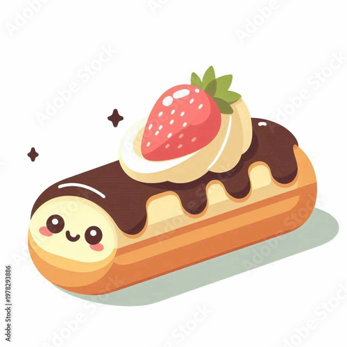 Cute Kawaii Eclair Pastry with Chocolate Icing Cream and a Fresh Strawberry Topping.