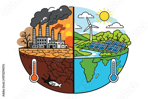 Contrast between pollution and sustainable energy sources on a global scale