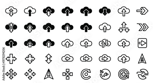Cloud computing icons with various upload download and transfer symbols in vector graphic illustration