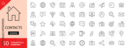 Contact related icons set. Including phone, email, address, form, connection, support, chat, message, call and communication. Editable stroke. outline icon.