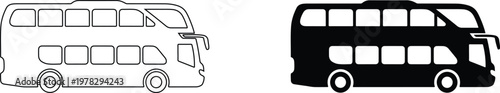 Double decker bus outline and silhouette illustration with public transport line art black and white tour bus transport