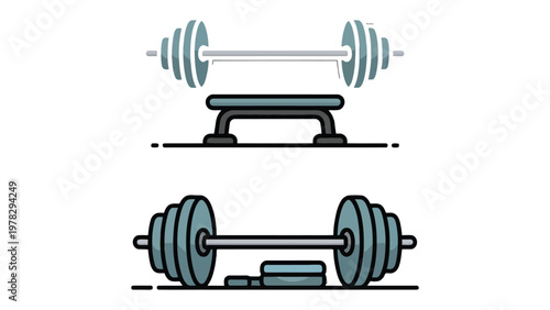 Weights and Bench Illustration: Illustration of gym equipment, ideal for fitness and exercise, designed to enhance your visual projects. 