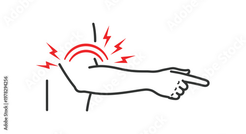 Illustration of a hand pointing with elbow pain and red lightning bolts indicating injury