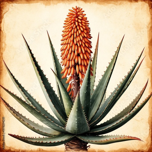 Vintage Aloe thraskii Dune Aloe succulent botanical watercolor illustration on parchment