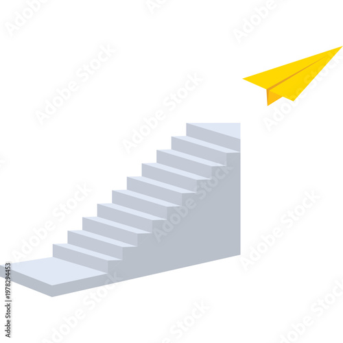Paper airplane taking flight from the top of a staircase, symbolizing the transition from effort to success, innovation, and new heights

