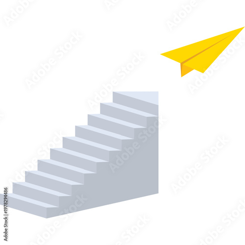 Paper airplane taking flight from the top of a staircase, symbolizing the transition from effort to success, innovation, and new heights

