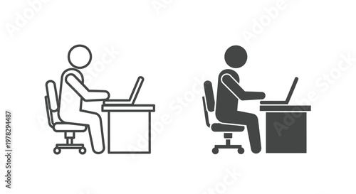Vector graphic illustration of people working on laptops at desks in office settings