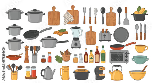 Colorful illustration of various kitchen utensils and cooking equipment for culinary needs