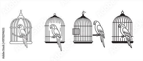 Parrots in and out of decorative bird cages, a minimalist line art illustration exploring themes of freedom and captivity.