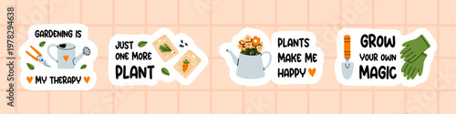 Vector inspiration set of cute gardening sticker pack illustration. Motivational spring quotes, watering can, pruner, seed packets, floral can and tool with glove. Farming, agriculture stickers.