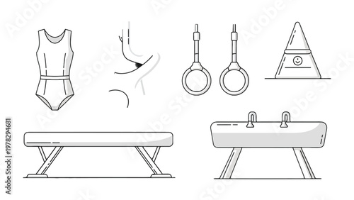 Gymnastic Equipment Illustration: A detailed illustration showcasing various equipment essential for gymnastics, highlighting apparatus like rings, vault, beam and leotard for optimal performance.