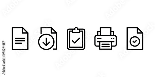 Black and white line for document download checklist printer and completed document download checklist printer completed file paper checkmark download arrow