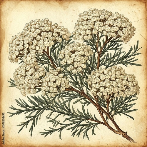 Vintage botanical illustration of Ozothamnus Rice Flower branch