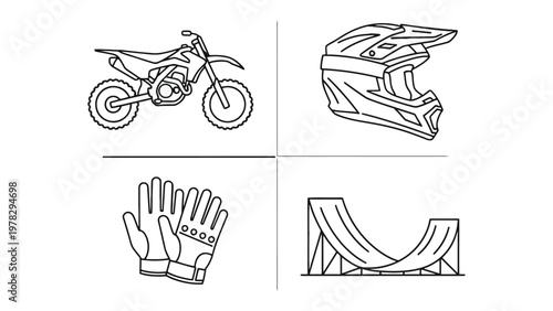 Motocross Essentials: Illustration of a motocross motorcycle, helmet, gloves, and ramp, embodying the spirit of the extreme sport.