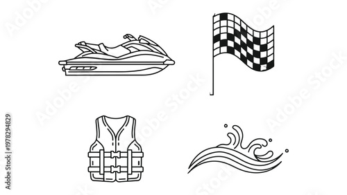Watersport Icons: A set of streamlined vector icons depicts the essentials of watersports, including a jet ski, racing flag, life jacket, and waves. Designed to enhance visual projects.