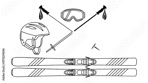 Ski Gear Set Illustration: An artistic display of essential skiing equipment arranged, ready for a day on the slopes, this graphic embodies the thrill of winter sports and adventure.