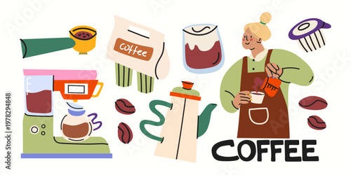 Hand drawn coffee elements collection in cartoon flat style. Vector illustrations of barista girl character, milk, beans, mugs and coffee machines
