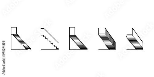 Black and white line of five different staircase stairs steps architectural blueprint line black and white