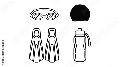 Swim Accessories Collection: Illustration of essential equipment for aquatic adventures, including goggles, a cap, flippers, and a water bottle, ready for a refreshing dip