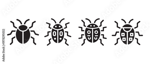 Collection of stylized insect icons. on a white background, including a beetle and ladybugs with patterned shells.
