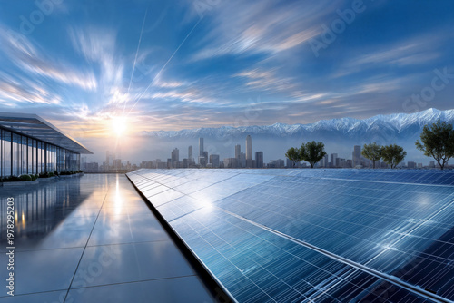 Solar panels on a modern rooftop at sunrise, futuristic city skyline with mountains in the background, generative AI.