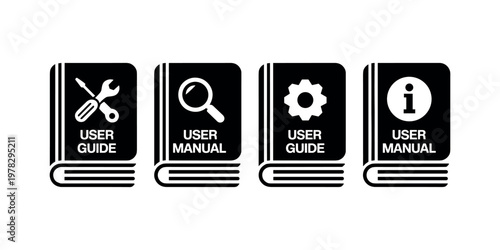 Black and white of books with user guide and manual text and symbols user manual in white background.