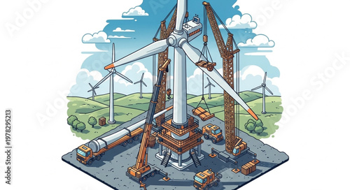 Wind Turbine Tower Assembly With Construction Crew.