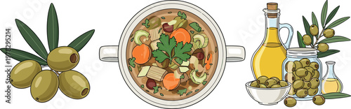 Olive products set with fresh olives, olive oil bottle and Mediterranean vegetable soup, healthy organic food vector illustration collection