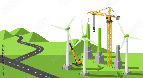 Wind Turbine Tower Construction With Crane And Blades.