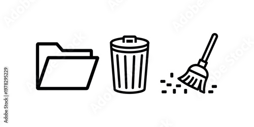 Black and white of a file folder trash can and broom sweeping debris in white background.