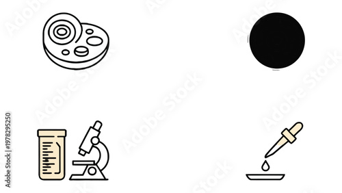 Laboratory Tools: A collection of laboratory tools including petri dishes, microscope, test tube, dropper and black dot represents concept exploration and scientific discovery.