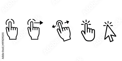 Black and white of hand gestures and computer cursor for digital interaction hand cursor click swipe drag pinch zoom tap digital interaction
