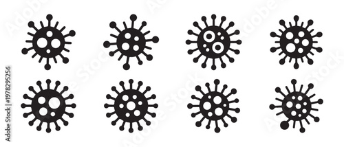 Set of stylized black virus icons, depicting various shapes and sizes of coronavirus or pathogen.