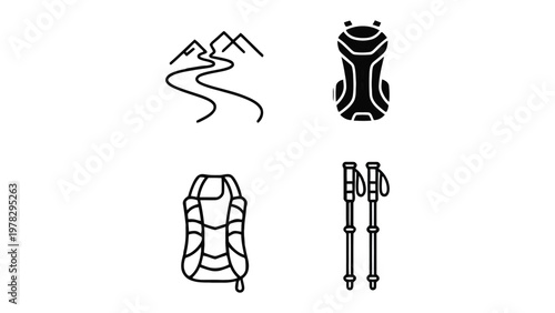 Essential Gear for Mountain Exploration: Minimalist illustrations showcase the necessary equipment, embodying the spirit of outdoor adventures