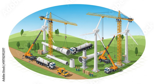 Wind Turbine Construction Site With Tower Components And Cranes.