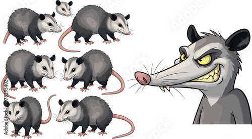 Opossum character vector illustration set featuring realistic and cartoon style possums in different poses isolated on white background