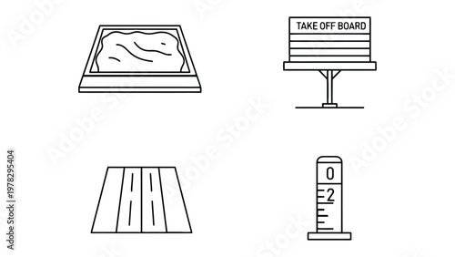 Track and Field Essentials: Detailed line illustrations depict key elements of track and field, conveying the tools athletes utilize for their pursuit of excellence and precise measurement.