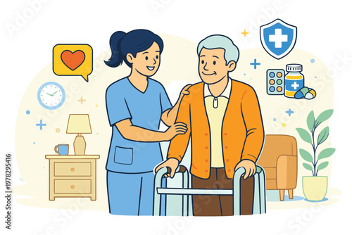 Caregiver assisting an elderly man with mobility support in a home setting
